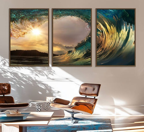 3 - Piece Golden Wave & Sunset Ocean Wall Artwall artexectivedecor3 - Piece Golden Wave & Sunset Ocean Wall Art